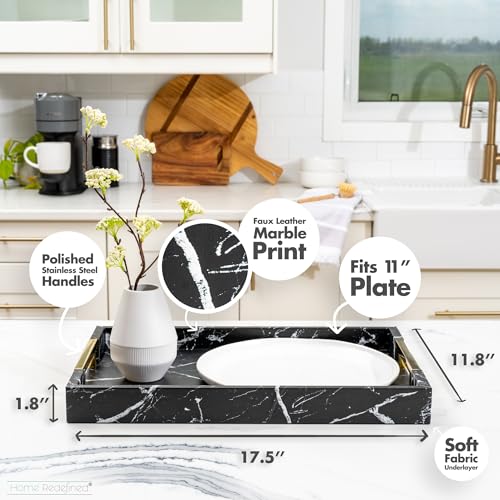 Home Redefined Modern Elegant 17.5"x12" Rectangle Black Marble Faux Leather Decorative Tray Ottoman Coffee Table Perfume Living Room Kitchen Serving Tray with Gold Polished Handles for All Occasion's - color: Black Marble/Gold
