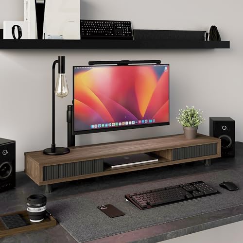 Fenge Dual Monitor Stand, 42.5inch Long Monitor Stands Riser for 2 Monitors, Sliding Door with Storage Organizer Stand for Desk, 2 Tier Desk Shelf for Laptop, Pc, Printer, Computer, TV - color: Brown