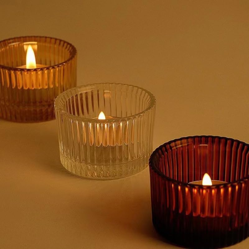 Clear Tealight Candle Holder Set of 2,Glass Votive Candle Holders, Decorative Round Ribbed Candle Holders for Home Decor (Brown) - color: Brown