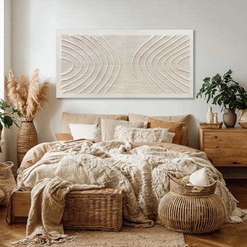 Hue7Art Minimalist Grey Textured Canvas Wall Art with Abstract Soft line Relief, Modern Neutral Artwork for Living Room Bedroom Office Home Decor 24x48 Inch - color: White, size: 48"L x 24"W