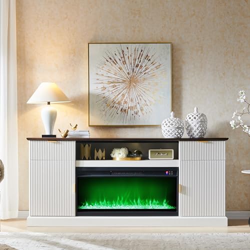 IFGET Fluted Fireplace TV Stand for TVs Up to 80 inch, Modern Entertainment Center with 36" Electric Fireplace, Wood Media Console w/Drawers and Adjustable Shelves for Living Room, Antique White - color: Antique White