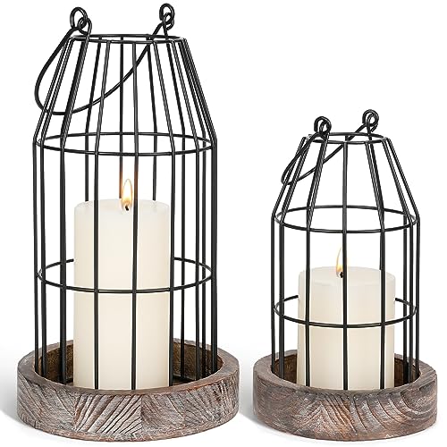 Rustic Wire Metal Cloche Set of 2 Candle Lantern Decorative Indoor Outdoor Vintage Cage Candle Holders Modern Farmhouse Decor for Fireplace Mantle Entryway Living Room Kitchen Coffee Table Centerpiece - color: Black/Brown