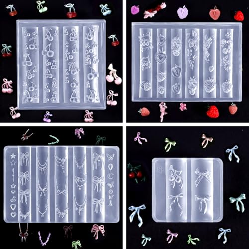 Laza 4pcs Silicone Nail Art Molds, Acrylic 3D Strawberry Bowknot Cherry Nail Charms Molds Clear Modeling Templates Fruit Pattern Nail Tools with Sculpture Pen for Salon Nail Design Resin Epoxy DIY - color: Cherry strawberry