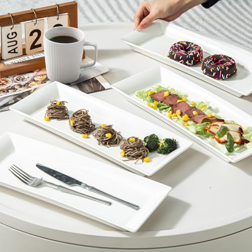 14" Rectangular Platters Set of 4, White Ceramic Platters, Large Serving Plates for Party, Entertaining, Wedding, Rectangle Serving Dishes for Steak, Sushi, Appetizer, Oven Dishwasher Safe - color: 14inch