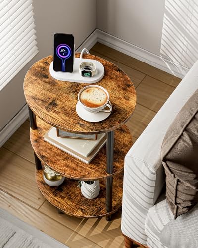 Small Round Side Table - 3-Tier Oval Accent Table for Small Spaces, Rustic Wood and Metal Nightstand for Living Room or Bedroom, with Built-in USB Ports and Power Outlet, Rustic Brown - color: Rustic Brown, size: 1-Pack, style: Includes Power Outlets