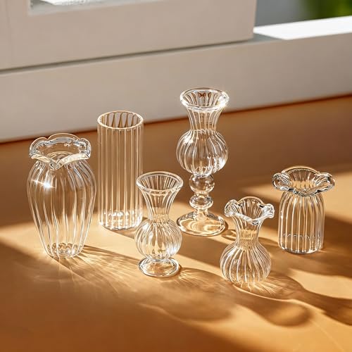 H&D HYALINE & DORA 6 Pcs Mini Glass Flower Vases Cat Whisker Vase Clear Miniature Ribbed Vases for Centerpieces, Wedding Reception Table Decorations(1.2-2.5 in)