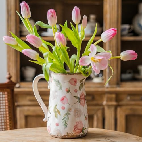 Retro Rustic Large Ceramic Vase with Handle, Distressed Farmhouse Pitcher for Home, Ideal Shelf Decor Floral Vase for Living Room Bedroom Office Table Centerpiece Decorations 9 Inch - color: Floral and Fruit, size: Large Pitcher