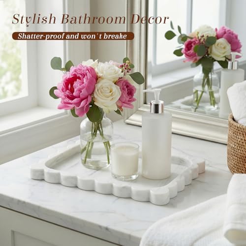 Silicone Bathroom Tray 11.5 x 8.7 Inch Scalloped Silicone Decorative Tray for Soap Dispenser Bottles, Bathroom, Dresser, Kitchen, Vanity, Home Decor, Marble Texture Design (White) - color: White
