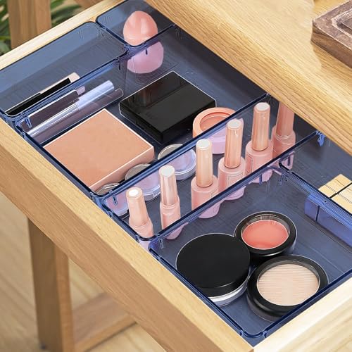 StorMiracle 13 PCS Drawer Organizer Set, 5 Varied Size Bathroom and kitchen Drawer cabinet organizer Trays, Clear Storage Bins for Makeup, Jewelry, Utensils and Gadgets, Dark Blue - color: Dark Blue, size: 13 PCS