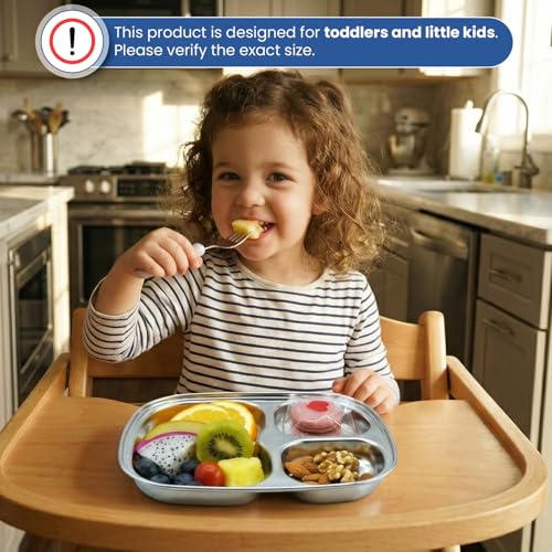 Korean Stainless Steel Divided Plates for Toddlers, Kids, Babies, Premium 304, Electro-Polished, No Black Residue, BPA-Free, 3-Compartment Plate, Food Tray for Camping, Balanced Meals, Set of 2 - size: 3 Compartments