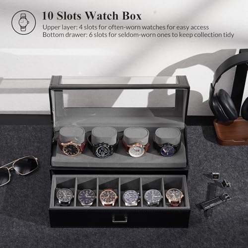 ProCase Watch Case for Men, 10 Slot Watch Display Stand with Acrylic Lid, Watch Display Case with Drawer, 2-Layer Mens Watch Box, Watch Holder Organizer for Men Women -Black - color: Black