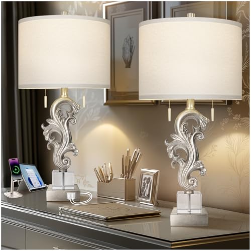Scenekoy Table Lamp Set of 2 with USB Ports, Pull Chains Switch, 27” Silver Leaf Sculptural Bedside Lamps with Linen Shade for Living Room Bedroom, Nightstand Lamps for Home Room Decor - size: 27 inches Silver Leaf -041