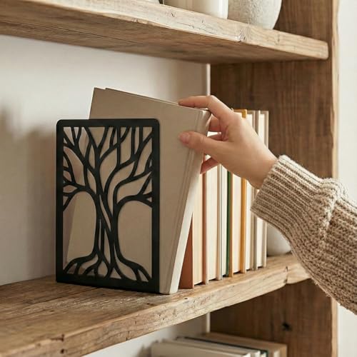 2 Pcs Black Bookends, Sturdy Metal Bookends for Shelves Decorative Book Organizer with Unique Tree Design for Home Library Office Desk - style: Abstract Tree
