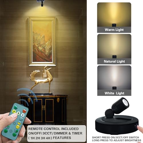 HAMVIDNE Rechargeable LED Spotlight, 3 Lighting Modes Indoor Spotlights, Battery Powered Spot Lights with Remote, Up Light for Plants, Timer Dimmable Picture Light for Wall Artwork-Black - color: Rechargeable-Black