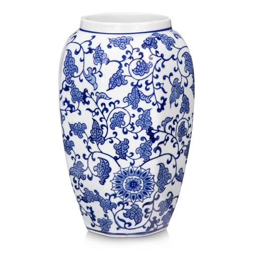 Blue and White Vase 8.5 Inch Traditional Chinoiserie Floral Vase Porcelain Ginger Jar Octagonal Vases Blue and White Porcelain Decor for Home, Living Room, Kitchen, Mantel, Shelf, Table - color: 8.5 Inch Blue & White