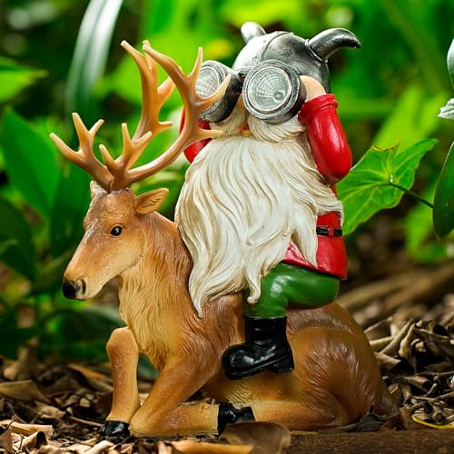 VChymm Garden Gnome Statues Resin Gnome Sitting On Deer Statues Solar Lights Outdoor Telescope Gnome Gifts for Yard, Patio Decor Gift (Deer Gnome) - color: Deer Gnome
