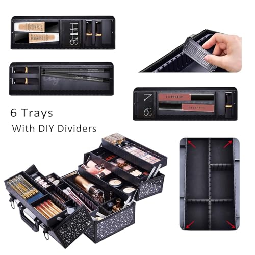Makeup Case 6 Trays Large 14" x 8.5" x 11" Train Cases Cosmetic Organizer Storage Box by Joligrace - Star Pattern - color: Black Star