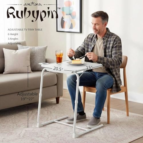 Rubypin Multifunctional TV Tray Table – Adjustable Folding Table for Bed & Sofa with Cup Holder, 6 Height Settings & 3 Tilt Angles (White)