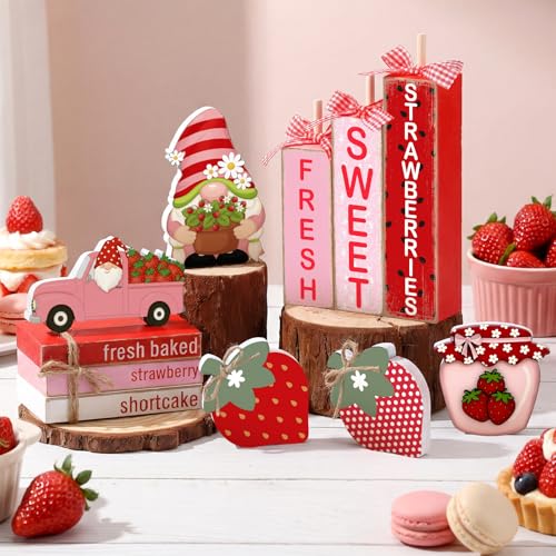 Vercraft 11 Pcs Strawberry Table Decorations Set Strawberry Tiered Tray Decor Spring Summer Wooden Top Farmhouse Rustic Wooden Coffee Table Centerpieces for Home Kitchen Office Decorations - style: Strawberry