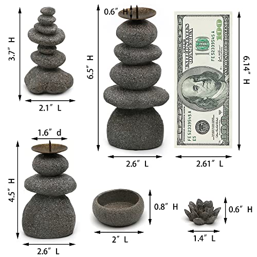 Rock Cairns Candle Holder - Taper Pillar Candle Stick Holder Set of 5 - Balance Stones Candlestick Holders Candlelight Stand for Zen Garden, Altar, Mantle, Yoga, Home Decoration, Meditation Gift