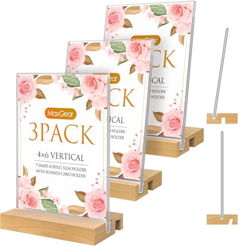 MaxGear L/T Shape Acrylic Sign Holder, 4 X 6 Clear Table Display Stand with Wooden Base, Flyer Menu Holder Photo Frames Paper Stand for Office, Wedding, Restaurants, Hotels 3 Pack - size: 4''x6'', style: 3 Pack