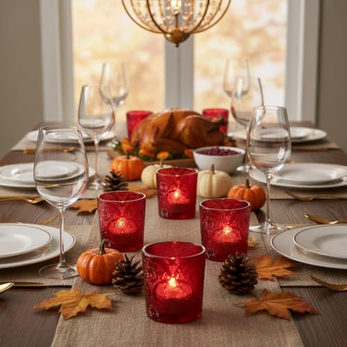 12 Pack Mandala Embossed Glass Candle Holders – Votive Tealight Holders with Patent Design, Decorative Embossed Glass Cups for Wedding Centerpieces, Parties, and Home Décor (Crimson Glow) - color: Crimson Glow