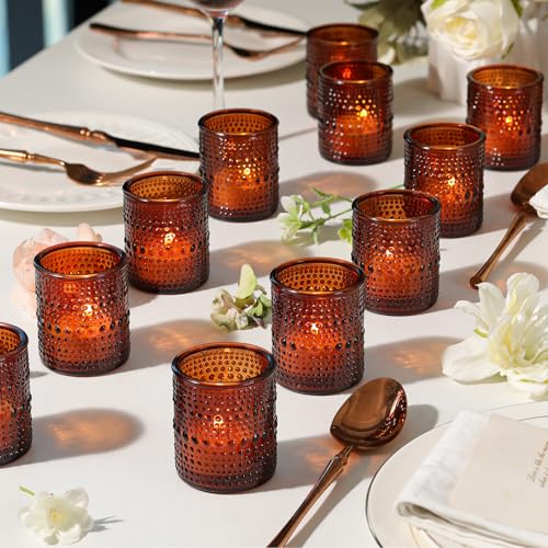30 Pcs Amber Votive Candle Holders, Amber Glass Candle Holder with Polka Dot Embossed, Vintage Votive Candle Holders for Boho Weddings, Home Decor, Baby Shower, Special Occasions - color: Amber