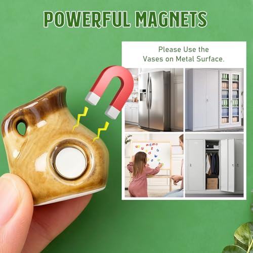 8PCS Mini Ceramic Vase Fridge Magnets, Cute Tiny Flower Vase Fridge Magnets with Artificial Flowers for Refrigerator Office and Kitchen Cabinet Decoration