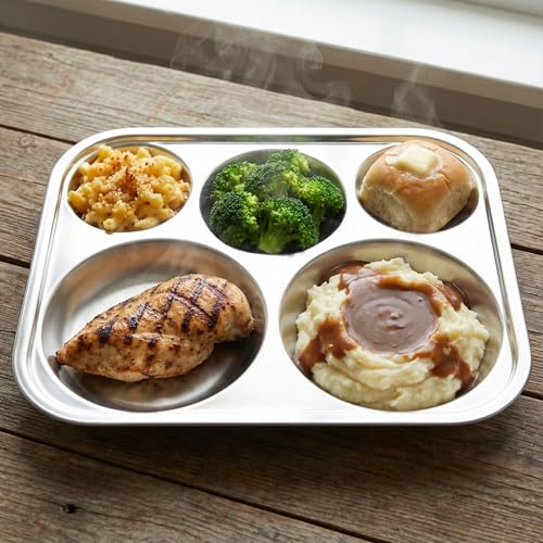 Korean Stainless Steel Divided Plates for Adults, Teens, Premium 304, Electro-Polished, No Black Residue, BPA-Free, Large 5-Compartment Food Tray, Diet Portion Control, Camping, Set of 2 - size: 5 Compartments (13x11Inch)