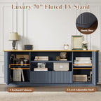 QUW 70" Fluted TV Stand for TVs Up to 80", Modern Entertainment Center with 2 Drawers & Cabinets, TV Console with Curved Profile Design, Luxury Wooden Media Console for Living Room, Navy Blue - color: Navy Blue