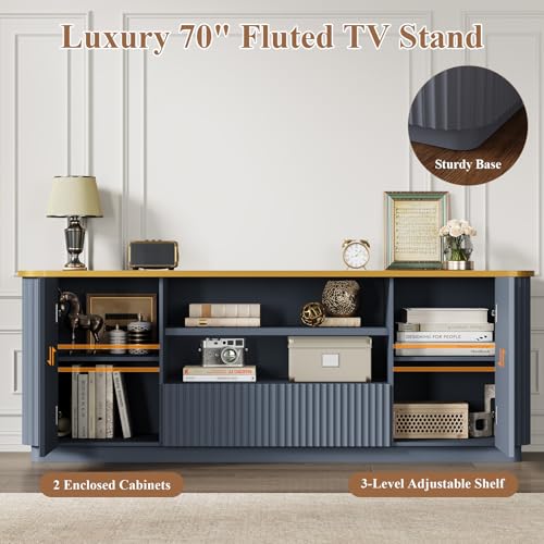 QUW 70" Fluted TV Stand for TVs Up to 80", Modern Entertainment Center with 2 Drawers & Cabinets, TV Console with Curved Profile Design, Luxury Wooden Media Console for Living Room, Navy Blue - color: Navy Blue