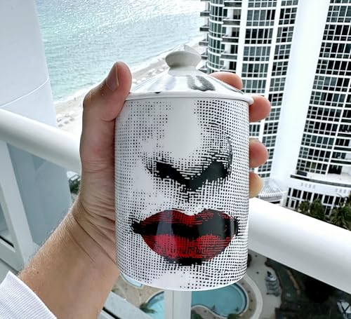 AlphaDesignLuxe Decorative Candle Holder Handcrafted Aromatherapy Candle Jar Italian Designer Décor Fashionable Tabletop Vase Modern Art Female Face Eyes Lips Centerpiece. (Red Lips)