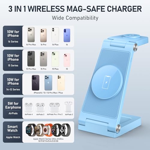 Magnetic Wireless Charger Stand, 3 in 1 Foldable Wireless Charging Station, Travel Charger for Multiple Devices for iPhone 16 15 14 13 12 Series, Apple Watch Ultra/SE/9/8/7/6/5/4/3/2, AirPods - color: Light Blue