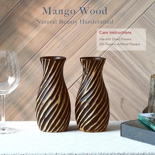 AeraVida Hand-Carved Spiral Stripes Mango Wood Vase for Dried Flowers | 8 inch | Classic Flower Vase