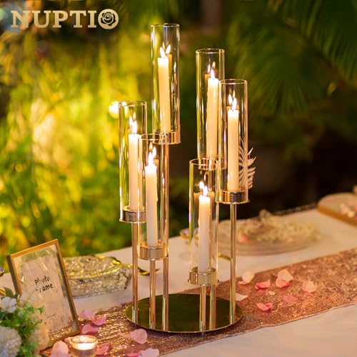 NUPTIO Hurricane Glass Candle Holders: 6 Arms Gold Metal Candlestick Candelabra with Removable Clear Cylinder Sleeve 24 inch Tall Candelabras Large Taper Holder for Outdoor Wedding Table Centerpiece - size: 1 Pc