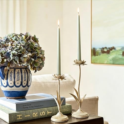 Antique Gold Metal Flower Taper Candle Holder, Rustic Farmhouse Style, Set of 2, Centerpiece Wedding Festive Christmas Mantel Decoration