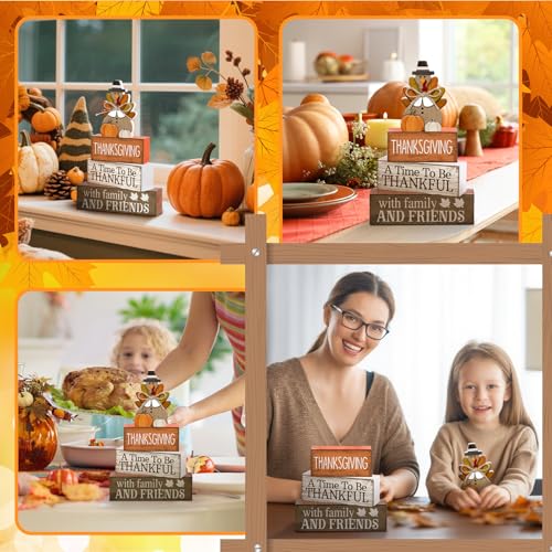 Lineshading 4 Pcs Thanksgiving Decoration for Home Wooden Turkey Decor Thanksgiving Table Centerpiece Fall Tiered Tray Decor Rustic Decorative Turkey Block Signs Gift for Home Kitchen Shelf - style: Elegant Turkey