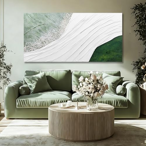 Hue7Art Modern Abstract Landscape Canvas Wall Art in White and Soft Green Tones, Flowing Line Texture Artwork Inspired by Nature for Living Room Bedroom Wall Decor 24x48 Inch - color: White and green, size: 48"L x 24"W