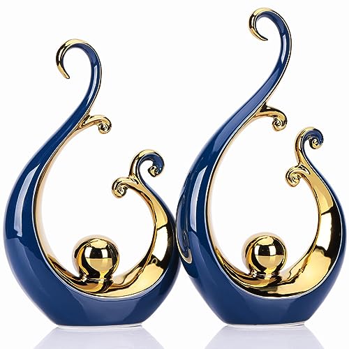 DOVDOV Ceramic Abstract Statues 2 Piece Set, Modern Art Deco, Blue and Gold Home Decor, Office Decor, Shelf Decor, Floor Mantle Decor, Coffee Table Decor Aesthetics. - color: 56-7