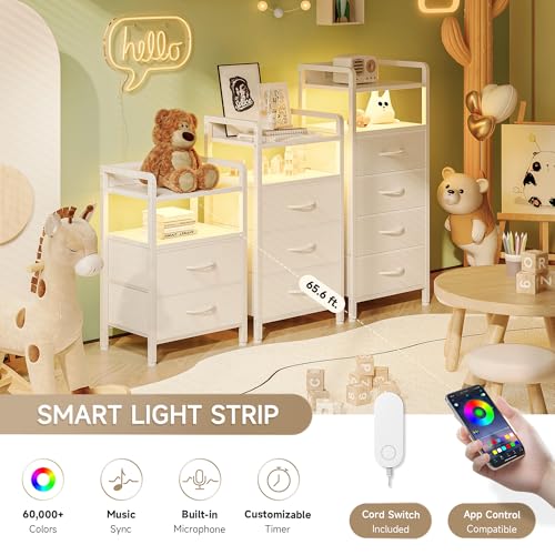 Lazzanto Night Stand Bedside Table Bedroom - White Nightstand with Charging Station & LED Light Strip, Morden Bed Side End Table with Storage Shelf & 2 Fabric Drawers, U-S-B Ports & AC Outlets - color: White, size: 2 Drawers
