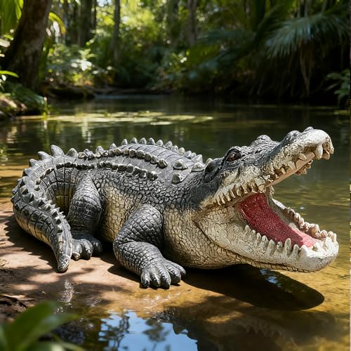 Teaeeno Garden Alligator Outdoor Decor,Crocodile Sculpture for Stuff Pond Decor,Florida Alligator Sculpture for Yard Art,Realistic Wild Animal,Reptile Figure,Florida Alligator,Perfect for Man - color: Black