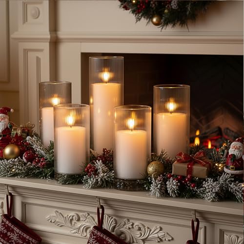 12 Pcs Wedding Pillar Candles and Ribbed Glass Candle Holder Vases Tall Cylinder Holders for Pillar Candle Clear Ribbed Bud Vase for Wedding Table Centerpiece, Total 6 Sets