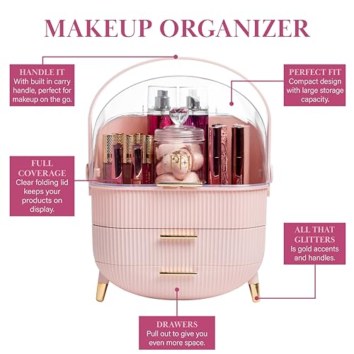 Paris Hilton Makeup Storage Organizer with Lid, Cosmetics and Skincare Organizer for Vanity, Portable Makeup Storage Box for Countertop, Fluted Design with Gold Accents, Pink - style: Organizer Box