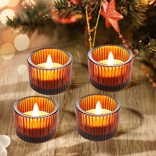 JOYIT Amber Votive Candle Holders Bulk Set of 4, Tealight Candle Holder for Wedding Table Centerpiece, Glass Small Candle Holders for Birthday Party, Valentine's Day, Home Decor (2''X 1.4'') - color: Amber