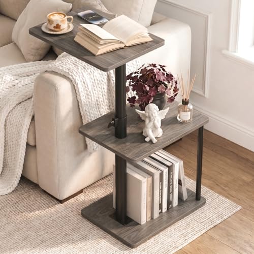 Faesun Swivel Side Table for Couch Arm, Height Adjustable C Table for Recliner or Bed, Tv Trays with Storage Shelf for Small Spaces- Small Nightstand Table for Living Room, Bedroom - color: Taupe
