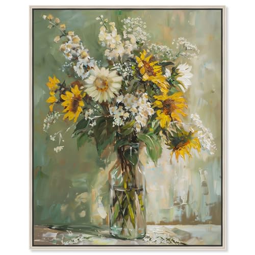 Art Remedy Sunflowers In A Glass Vase Canvas Vintage Farmhouse Wall Art, Silver Frame, 24" x 30" - color: Silver Frame, size: 31"L x 25"W