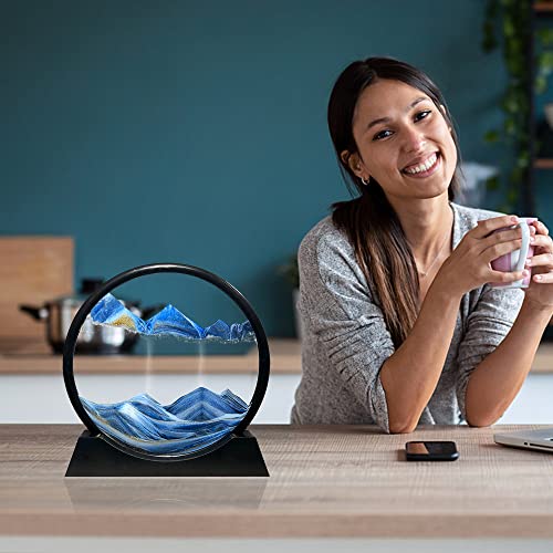 Muyan Moving Sand Art Picture Sandscapes in Motion Round Glass 3D Deep Sea Sand Art for Adult Large Desktop Art (Blue, 7 Inch) - color: Blue, size: 7 Inch