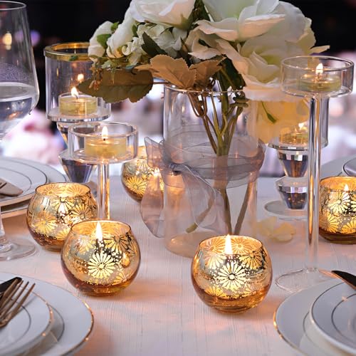 Gold Mercury Glass Votive Candle Holders Set of 12, Round Tealight Candle Holders Bulk for Table Centerpieces, Weddings, Shower Gifts, Christmas, Halloween Party Decorations - color: Gold