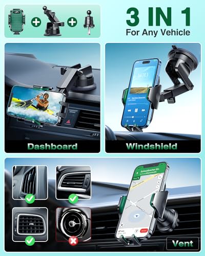 VANMASS [True Military-Grade] Car Phone Holder [Strongest Suction & Clip] Cell Phone Mount for Dashboard Windshield Vent Truck Accessories Cradle Dash Stand for iPhone 15 14 13 12 Android,Green - color: Green