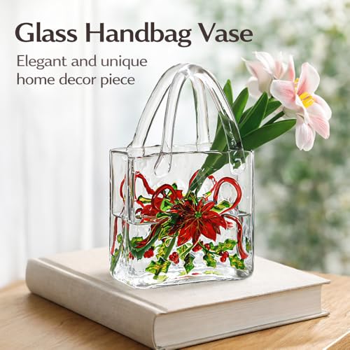 Glass Wallet Vase, Hand Painted Embossed Tote Bag with Handle, Thick Clear Glass Vase for Centerpiece, Fish Tank, Cute Home Decor Gift (Red Flower Pattern) - color: White Red Flowers